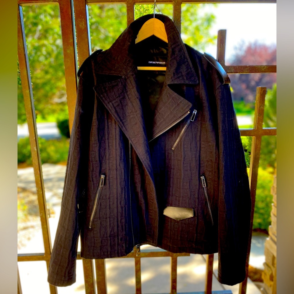 Emporio Armani men’s black denim jacket with leather trim NWOT